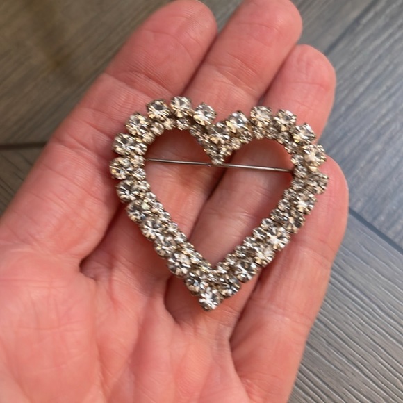 Vintage Double Row Rhinestone Open Heart Brooch - Silver-tone - Picture 8 of 16
